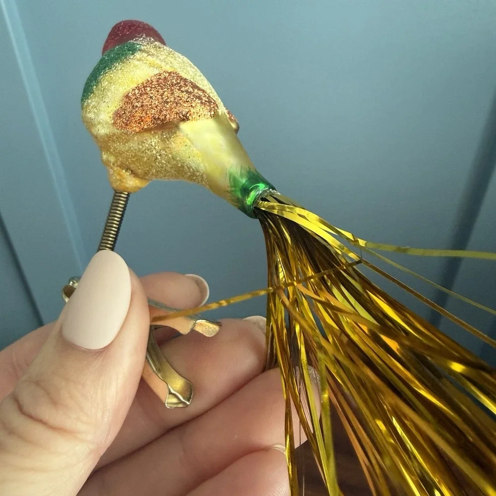 Vintage Glass Clip On Bird Ornaments 2 Cardinal Tinsel Tail Glitter German F/W